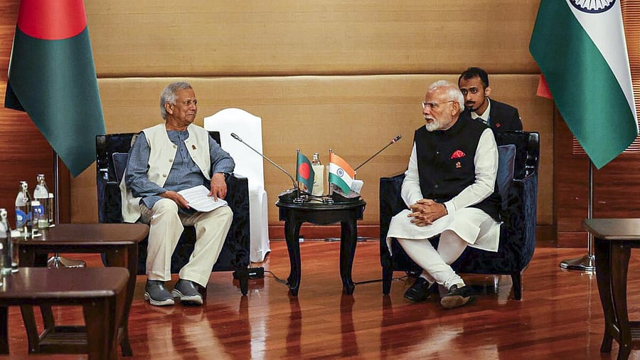 <div class="paragraphs"><p>Prime Minister Narendra Modi during a meeting with the Chief Adviser of Bangladesh Professor Muhammad Yunus on the sidelines of the 6th BIMSTEC Summit, in Bangkok, Thailand.</p></div>