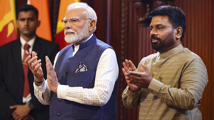 <div class="paragraphs"><p>Prime Minister Narendra Modi with Sri Lankan President Anura Kumara Dissanayake during a joint press meet after delegation level talks, in Colombo, Sri Lanka.</p></div>