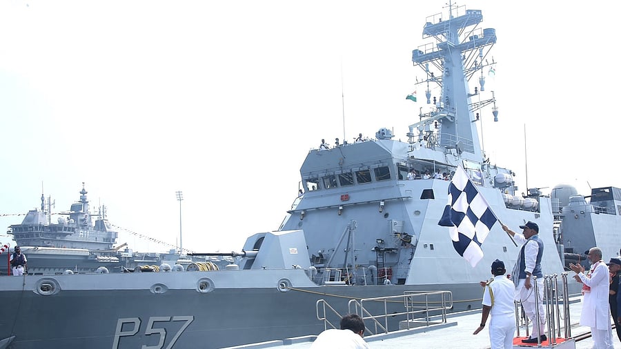 <div class="paragraphs"><p>Defence Minister Rajnath Singh flags off Indian Ocean Ship (IOS) Sagar berthed at the strategically located Karwar naval base in Karnataka, Saturday, April 5, 2025.</p></div>