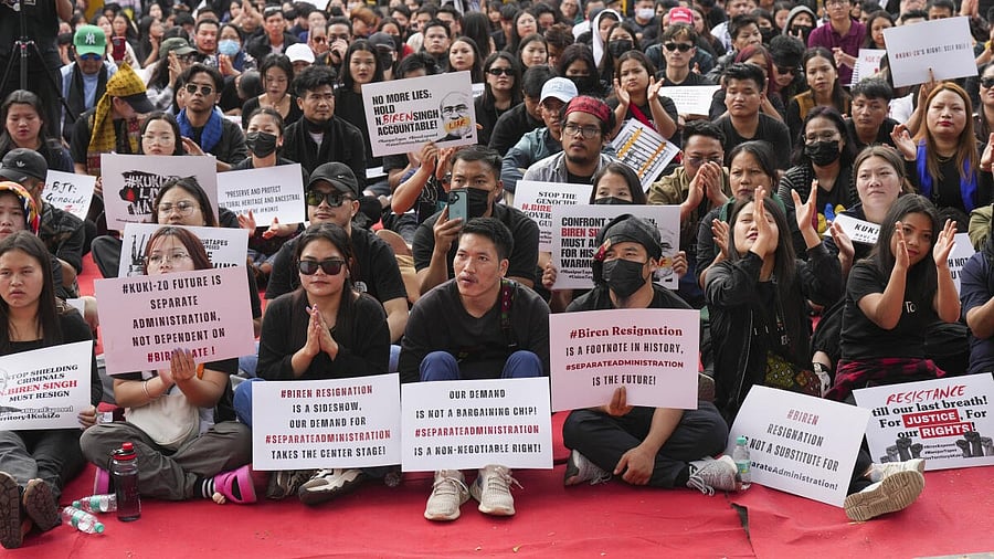 <div class="paragraphs"><p>Members of Kuki Students' Organisation Delhi & NCR and Kuki-Zo Women's Forum Delhi & NCR take part in a protest against the ongoing ethnic violence in Manipur, at Jantar Mantar, in New Delhi, Saturday, March 1, 2025.</p></div>