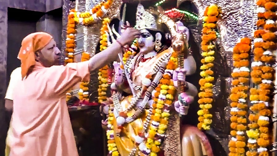 <div class="paragraphs"><p>Uttar Pradesh Chief Minister Yogi Adityanath offers prayers at the Maa Pateshwari Devi Shakti Peeth on the occasion of ‘maha ashtami’ during ‘Chaitra Navratri’ festival, in Balrampur district.</p></div>