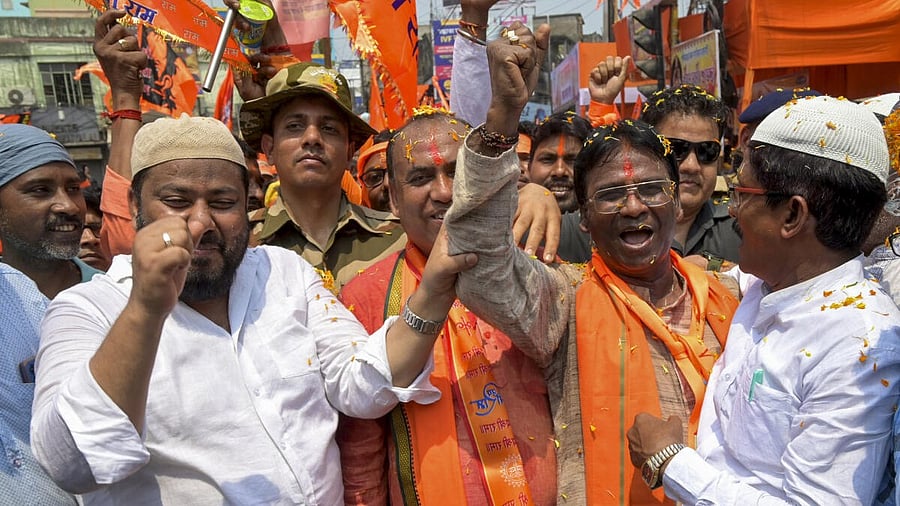 <div class="paragraphs"><p>BJP MP Khagen Murmu takes part in a procession on the occasion of Ram Navami, in Malda district</p></div>