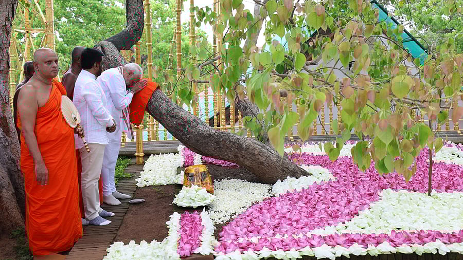 <div class="paragraphs"><p>Prime Minister Narendra Modi offered prayers at the sacred Jaya Sri Maha Bodhi in Anuradhapura with President Dissanayake.</p></div>