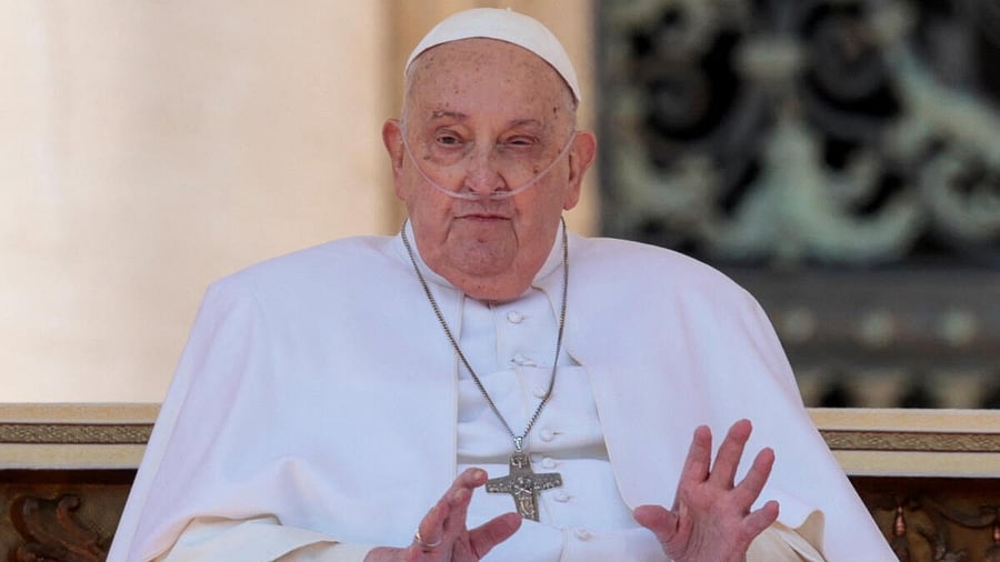 <div class="paragraphs"><p>Pope Francis gestures as he appears for the first time since his return to the Vatican, in Saint Peter square, at the Vatican, April 6, 2025.</p></div>
