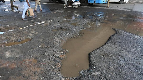 <div class="paragraphs"><p>Rainwater filled in damaged road under Hebbal flyover in Bengaluru.</p></div>