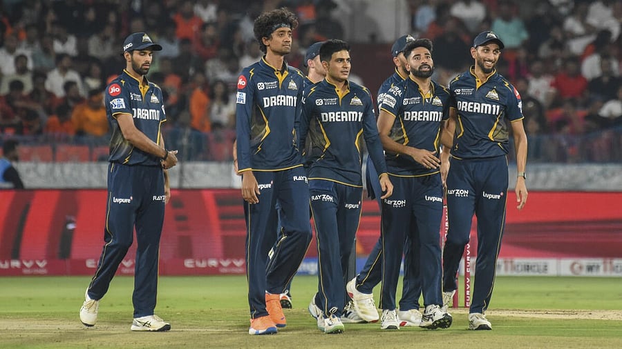 <div class="paragraphs"><p>Gujarat Titans' bowler Mohammed Siraj celebrates with teammates after the wicket of Sunrisers Hyderabad's batter Abhishek Sharma during the Indian Premier League (IPL) 2025 match between Sunrisers Hyderabad and Gujarat Titans, at Rajiv Gandhi International Cricket Stadium, in Hyderabad, Sunday, April 6, 2025.</p></div>