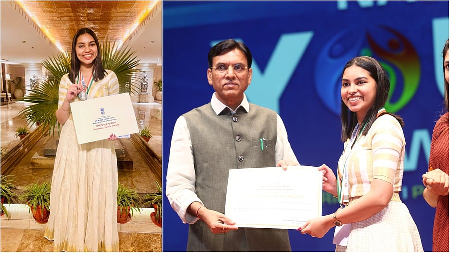 <div class="paragraphs"><p>Joanna Jewel M receiving the national youth award from Youth affairs minister Mansukh Mandaviya.</p></div>