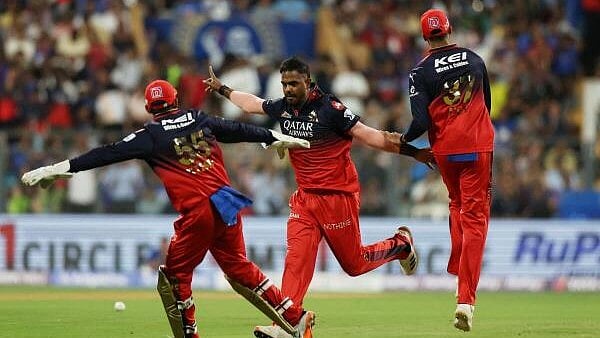<div class="paragraphs"><p>Royal Challengers Bengaluru's Yash Dayal celebrates after taking the wicket of Mumbai Indians' Rohit Sharma.</p></div>