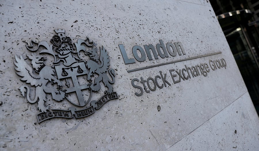 <div class="paragraphs"><p>Signage is seen outside the entrance of the London Stock Exchange.</p></div>