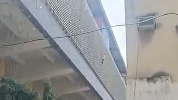<div class="paragraphs"><p>Screengrab from a video showing the man dangling from the elevated metro station in Delhi, April 7, 2025.</p></div>