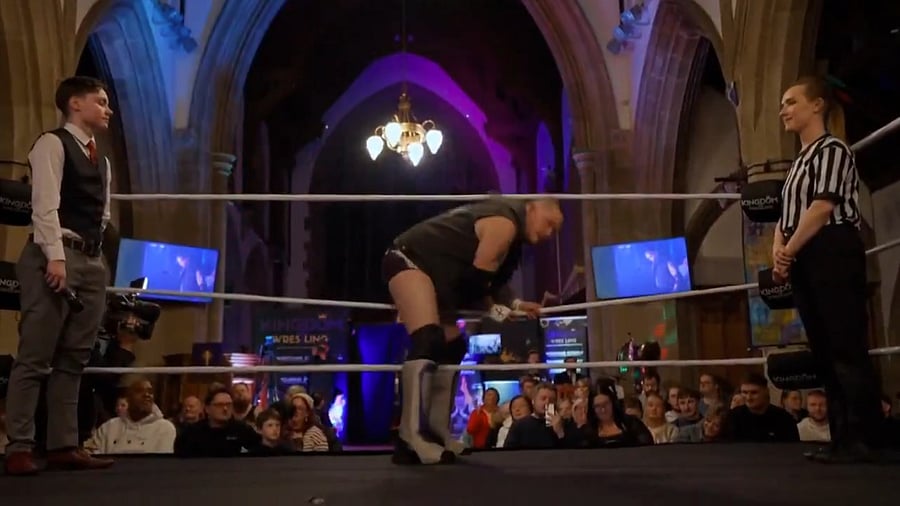 <div class="paragraphs"><p>A screengrab from the video showing the 'Wrestling Church'</p></div>