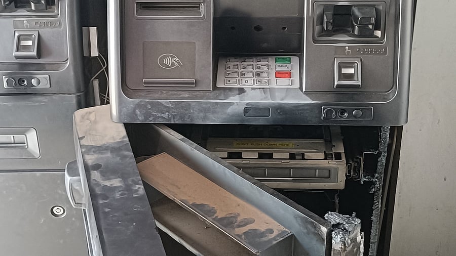 Robbers cut open an SBI ATM using a gas cutter and and flee with Rs 18 lakh cash in Kalaburagi on Wednesday. 