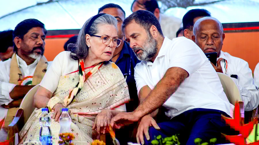 <div class="paragraphs"><p>Congress Parliamentary Party Chairperson Sonia Gandhi and LoP in Lok Sabha Rahul Gandhi during the All India Congress Committee (AICC) session at the Sabarmati Riverfront Event Centre, in Ahmedabad, Wednesday, April 9, 2025.</p></div>