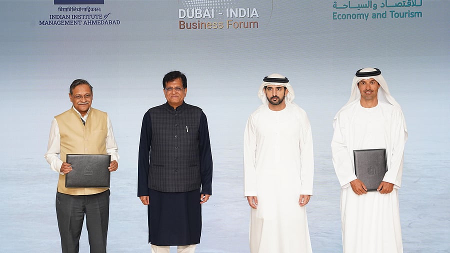 <div class="paragraphs"><p>The MoU was signed in the presence of IIMA director Bharat Bhaskar and Sheikh Hamdan bin Mohammed bin Rashid Al Maktoum, Crown Prince of Dubai, Deputy Prime Minister and Minister of Defence of the UAE, and Piyush Goyal, Union Minister of Commerce and Industry.</p></div>