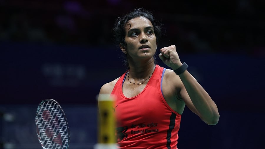 <div class="paragraphs"><p>PV Sindhu celebrates her win.&nbsp;</p></div>