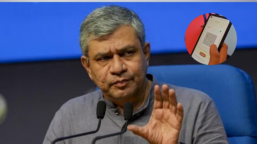 <div class="paragraphs"><p>Union Minister  Ashwini Vaishnaw with an inset image of the&nbsp;New Aadhaar app.</p></div>