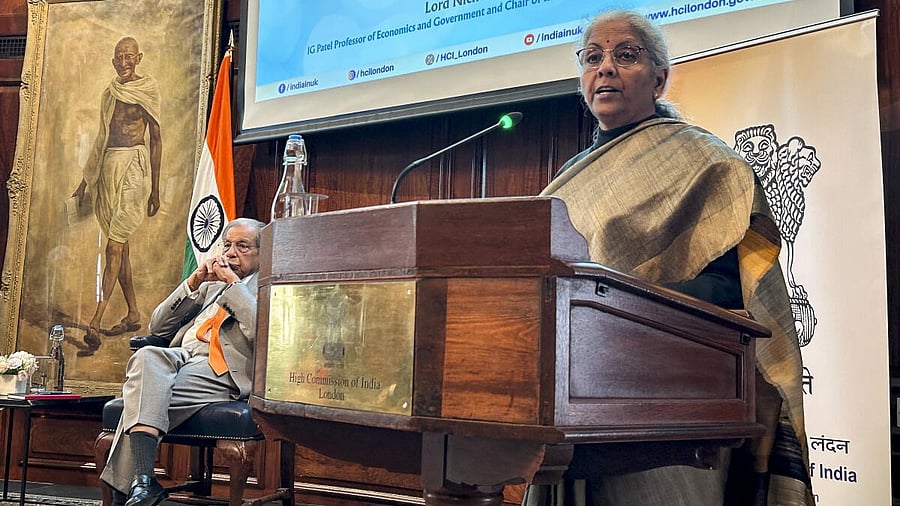 <div class="paragraphs"><p>Union Finance Minister Nirmala Sitharaman addresses a session on 'Opportunities and challenges for India’s quest to become a developed economy by 2047' at the High Commission of India, in London, UK, Tuesday, April 8, 2025.</p></div>