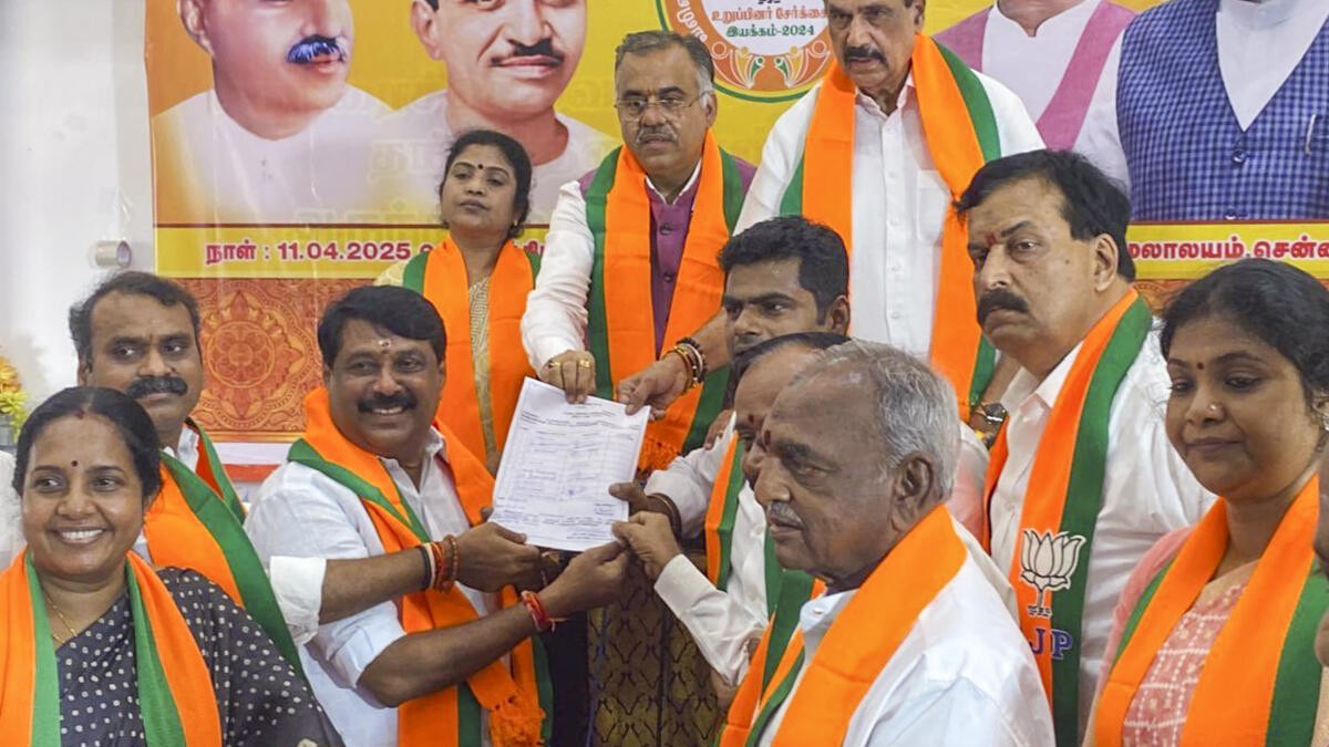 <div class="paragraphs"><p>In this image on April 11, 2025, BJP leader Nainar Nagendran files nomination for Tamil Nadu BJP President in the presence of the party's National General Secretary Tarun Chugh, in Chennai.</p></div>
