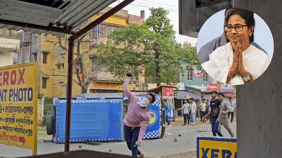 <div class="paragraphs"><p>Waqf Act protest in Murshidabad, with an inset image showing Bengal CM Mamata Banerjee</p></div>