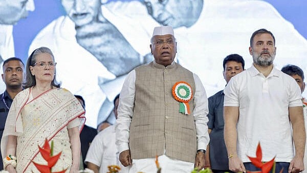 <div class="paragraphs"><p>Congress President Mallikarjun Kharge, Congress Parliamentary Party Chairperson Sonia Gandhi and LoP in the Lok Sabha Rahul Gandhi attend the AICC session on the banks of the Sabarmati River, in Ahmedabad.</p></div>
