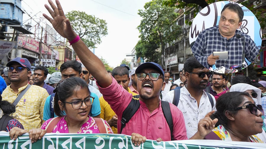 <div class="paragraphs"><p>Bengal teachers protest loss of jobs; inset image shows education minister Bratya Basu</p></div>