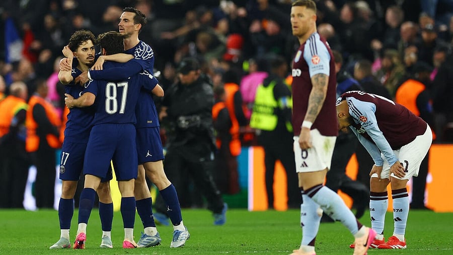 <div class="paragraphs"><p>Paris St Germain's Vitinha, Paris St Germain's Joao Neves and Paris St Germain's Fabian Ruiz celebrate after the match.</p></div>