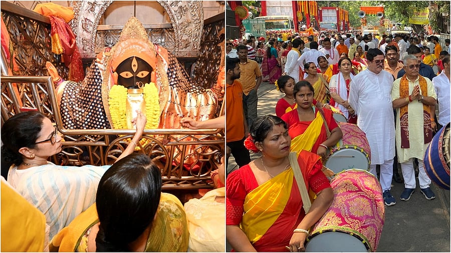 <div class="paragraphs"><p>Bengal CM Mamata Banerjee offers puja at Kalighat temple ahead of Bengali New Year(L), BJP's Dilip Ghosh and other party leaders at a procession marking the new year in Kolkata. </p></div>