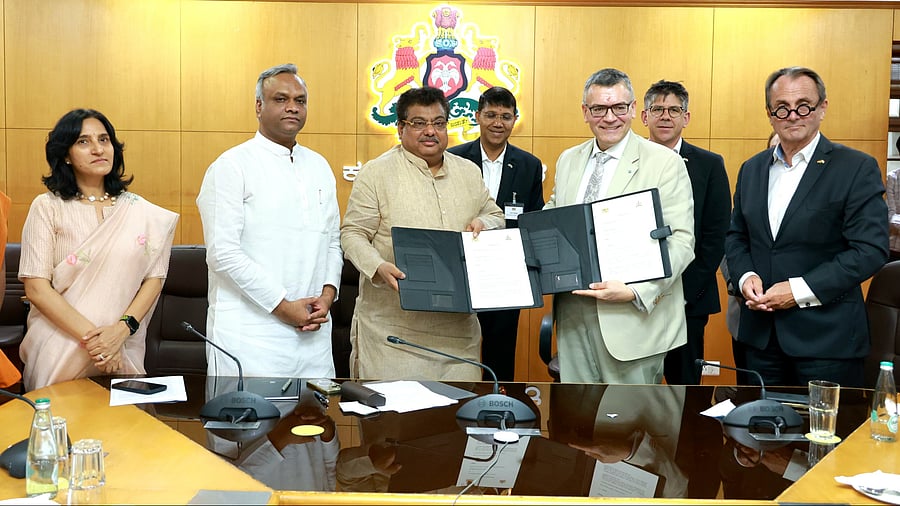 Karnataka's Industries Min MB Patil and IT/BT Minister Priyank Kharge with German govt representatives on Tuesday