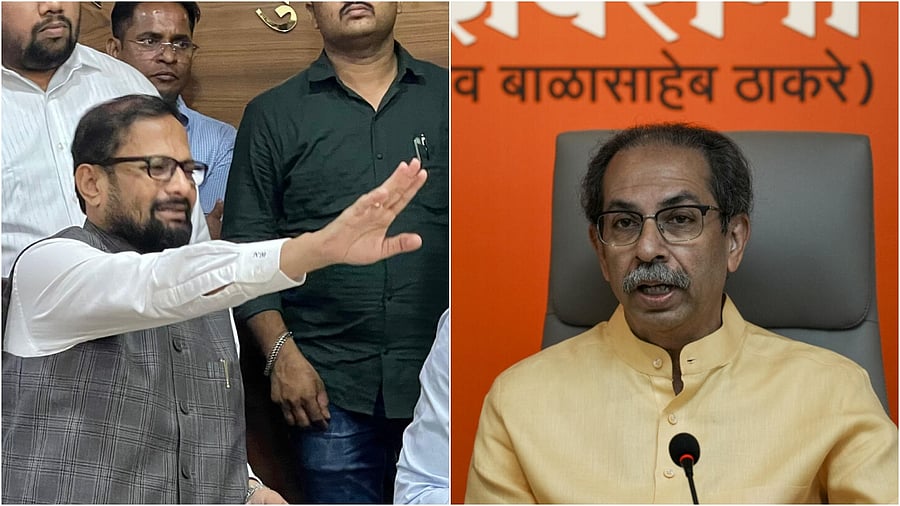 <div class="paragraphs"><p>Shinde aide and Thane MP Naresh Mhaske(L) and Uddhav Thackeray.</p></div>