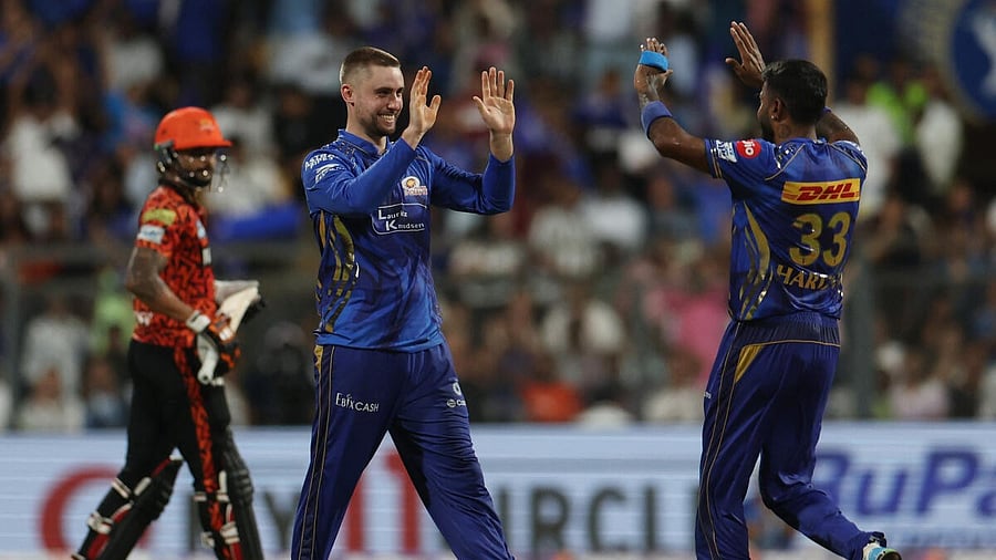 <div class="paragraphs"><p>Mumbai Indians' Will Jacks celebrates after dismissing Sunrisers Hyderabad's Travis Head during their IPL tie.&nbsp;</p></div>
