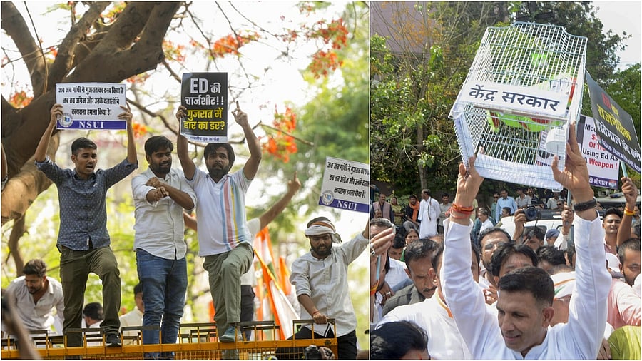 <div class="paragraphs"><p>Congress workers protest against ED filing chargesheet against Rahul and Sonia Gandhi(L),Jitu Patwari during a protest against ED, Centre.&nbsp;</p></div>