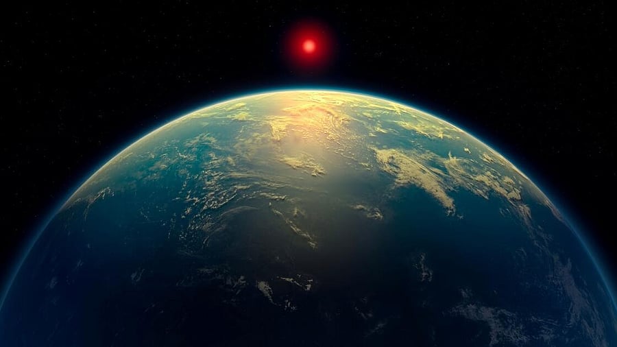 <div class="paragraphs"><p>An illustration shows a hycean world – an exoplanet with a liquid water ocean beneath a hydrogen-rich atmosphere - orbiting a red dwarf star. Based on observations by the James Webb Space Telescope, the exoplanet K2-18 b might fit in this category. This illustration was obtained by Reuters on April 16, 2025.</p></div>