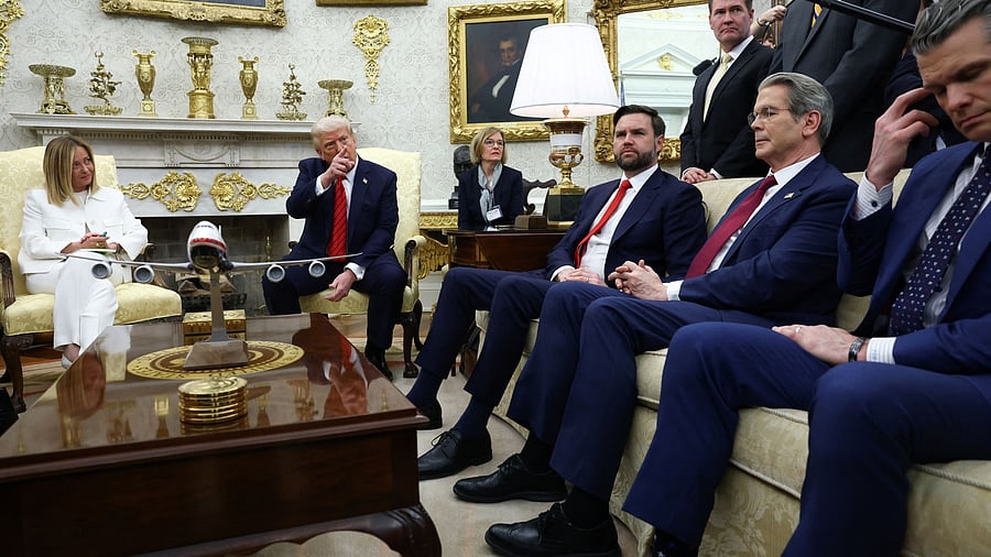 <div class="paragraphs"><p>US President Donald Trump gestures during a meeting with Italian Prime Minister Giorgia Meloni as he sits next to US Vice President JD Vance, US Secretary of the Treasury Scott Bessent and US Defense Secretary Pete Hegseth in the Oval Office at the White House in Washington, D.C., U.S., April 17, 2025. </p></div>