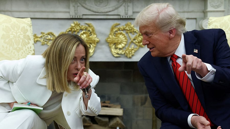 <div class="paragraphs"><p>U.S. President Donald Trump meets with Italian Prime Minister Giorgia Meloni in the Oval Office at the White House in Washington, D.C., U.S., April 17, 2025. </p></div>