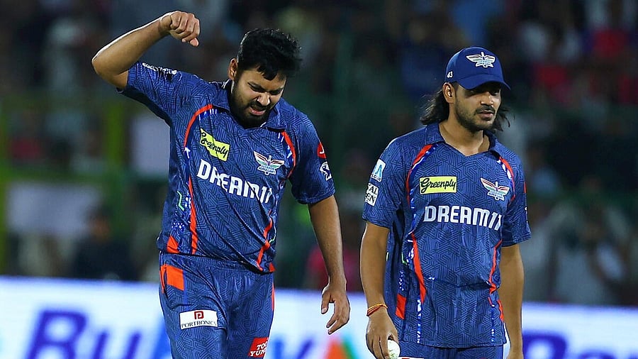 <div class="paragraphs"><p>Lucknow Super Giants' Avesh Khan, left, reacts while celebrating the win in the Indian Premier League (IPL) 2025 T20 cricket match against Rajasthan Royals at Sawai Mansingh Stadium in Jaipur</p></div>
