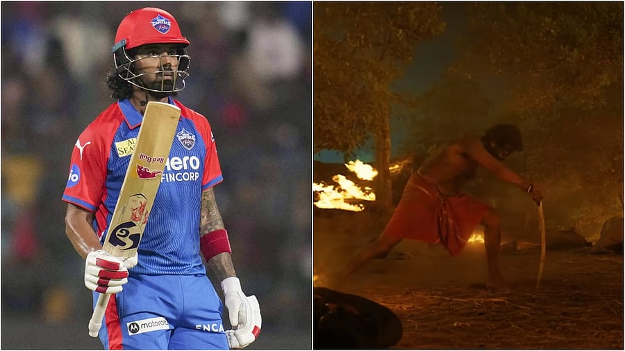 <div class="paragraphs"><p>K L Rahul (L); the scene from 'Kantara' which inspired his celebration. </p></div>