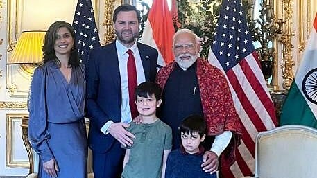 <div class="paragraphs"><p>In this image by @narendramodi via X on Tuesday, Feb. 11, 2025, Prime Minister Narendra Modi meets US Vice President JD Vance and his family, in Paris, France.</p></div>