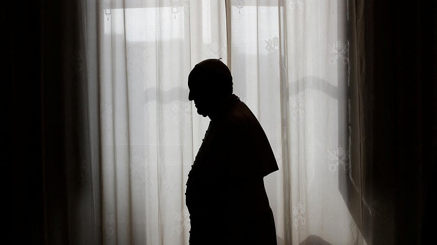 <div class="paragraphs"><p>Pope Francis is silhouetted against window light at the end of a meeting at the Vatican.</p></div>