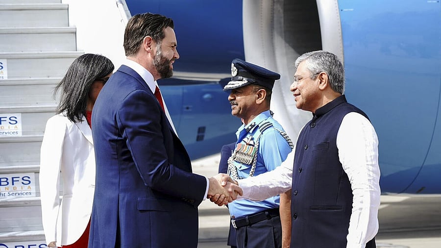 <div class="paragraphs"><p>US Vice President J D Vance and Second Lady Usha Vance being received by Union Minister Ashwini Vaishnaw and other officials upon their arrival in New Delhi. </p></div>
