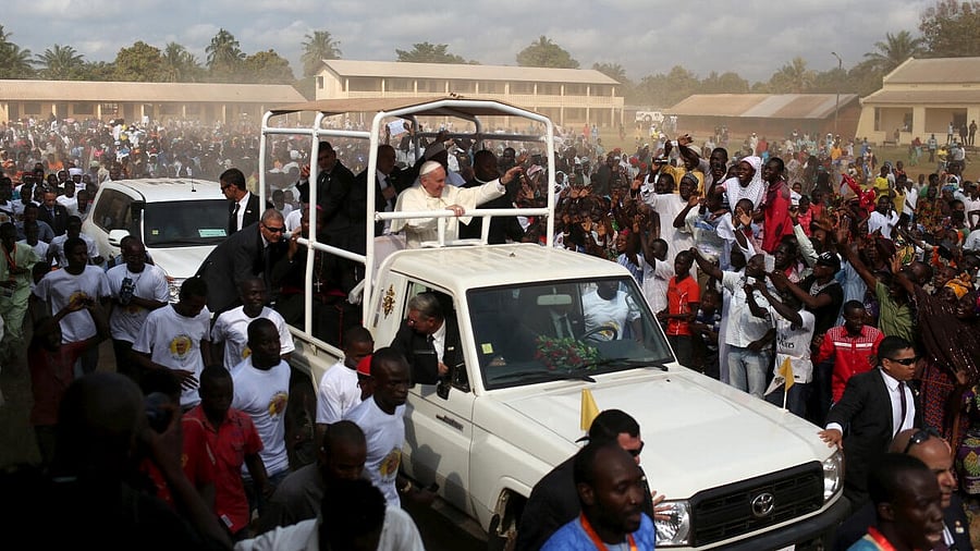<div class="paragraphs"><p>A crowd greets Pope Francis as he visits residents in the mostly Muslim neighbourhood of PK5 in the capital Bangui, Central African Republic, November 30, 2015.</p></div>