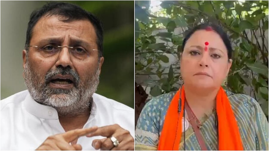 <div class="paragraphs"><p>BJP MP Nishikant Dubey (L) and party MLA Agnimitra Paul</p></div>