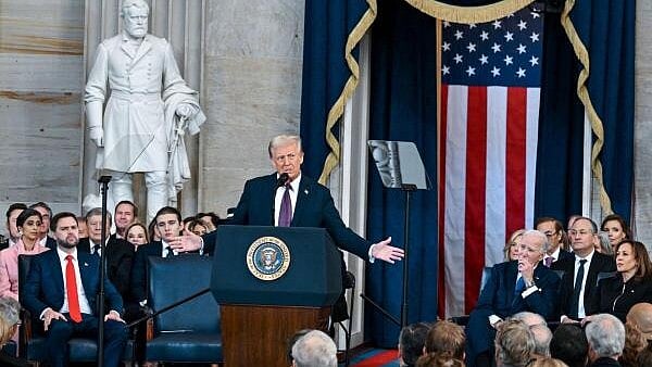 <div class="paragraphs"><p>US President Donald J Trump speaks after being sworn in during the inauguration of Donald Trump as the 47th president of the United States takes place inside the Capitol Rotunda of the US Capitol building in Washington, DC, Monday, January 20, 2025. It is the 60th US presidential inauguration and the second non-consecutive inauguration of Trump as US president.</p></div>