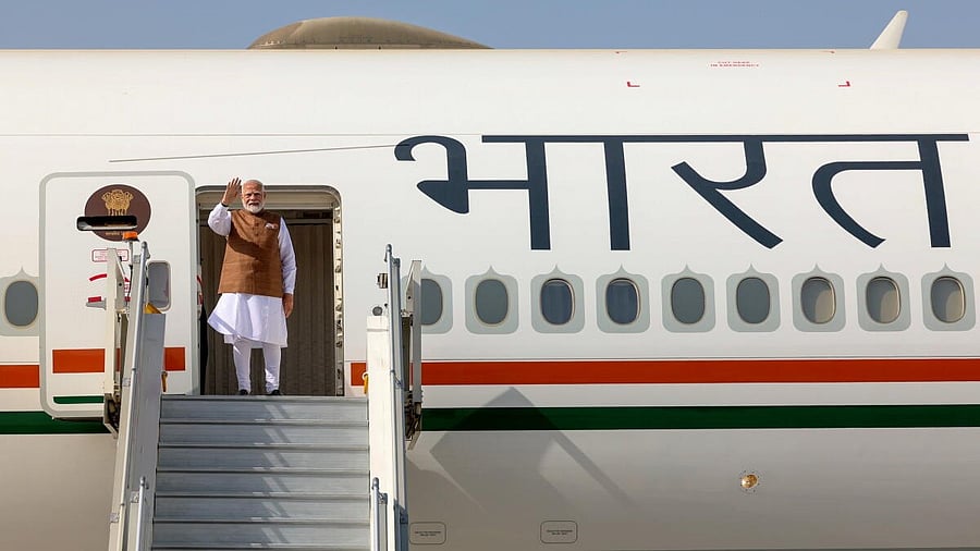 <div class="paragraphs"><p>In this image provided by PMO on Tuesday, April 22, 2025, Prime Minister Narendra Modi emplanes for Jeddah, Saudi Arabia, in New Delhi.</p></div>