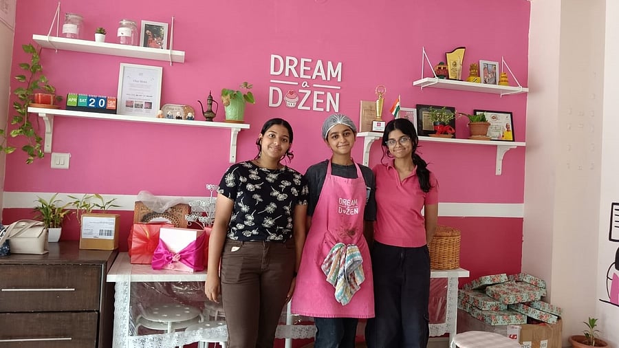 (From left) Classmates Smayana S B, Anushka Bakshi and Shayeri Dutta are interning in the marketing, baking, and sales departments of a company in J P Nagar.