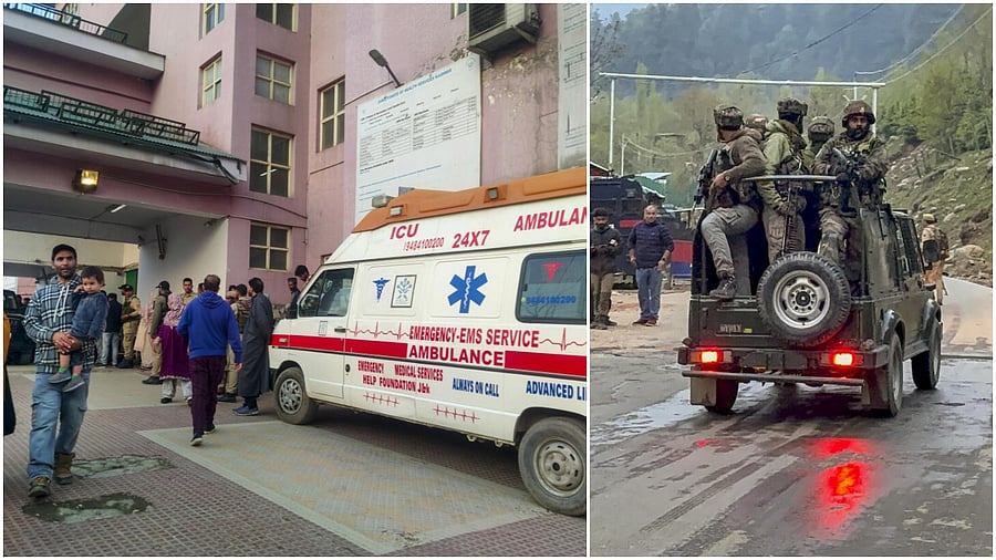 <div class="paragraphs"><p>Security personnel move towards the site after terrorists attacked a group of tourists at Pahalgam(L), Injured being brought to a hospital.</p></div>
