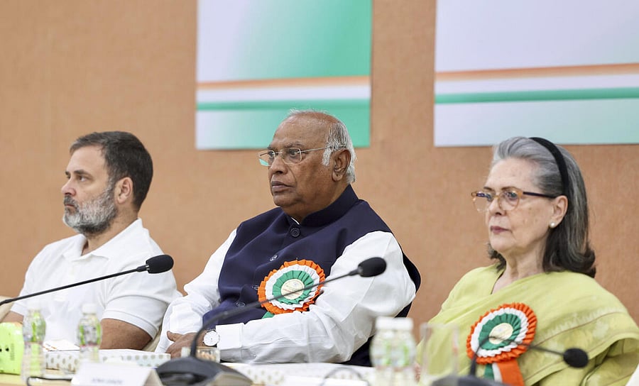 <div class="paragraphs"><p>Congress top brass Rahul Gandhi, Mallikarjun Kharge, and Sonia Gandhi are seen in this photo</p></div>