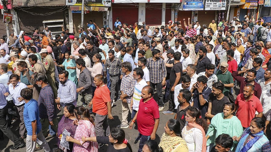 <div class="paragraphs"><p>People take part in a protest march against the Pahalgam terrorist attack, in Jammu, Wednesday, April 23, 2025.</p></div>