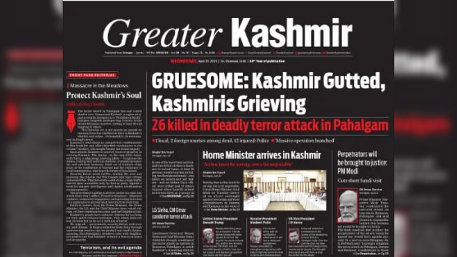 <div class="paragraphs"><p>Greater Kashmir's headline and front page the day after the attack</p></div>