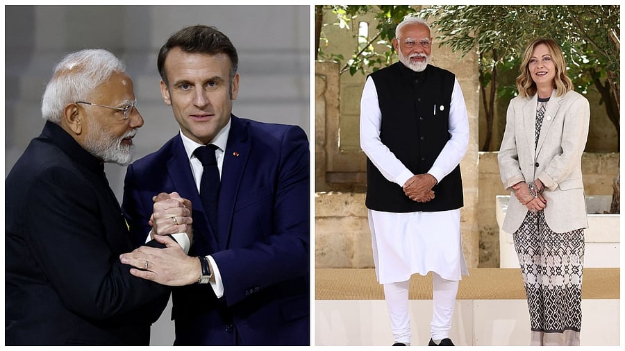 <div class="paragraphs"><p>French President Emmanuel Macron with PM Narendra Modi (L),&nbsp;Italian Prime Minister Giorgia Meloni with PM Modi</p></div>