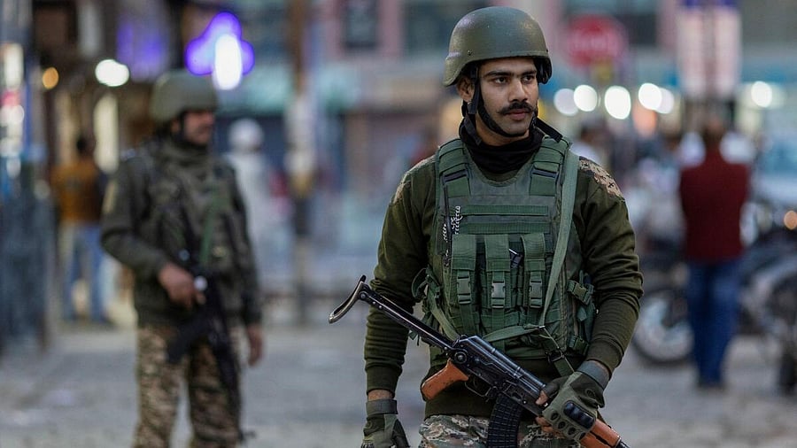 <div class="paragraphs"><p>Indian security personnel patrol on a street, following a suspected militant attack on tourists near south Kashmir’s scenic Pahalgam, in Srinagar.&nbsp;</p></div>